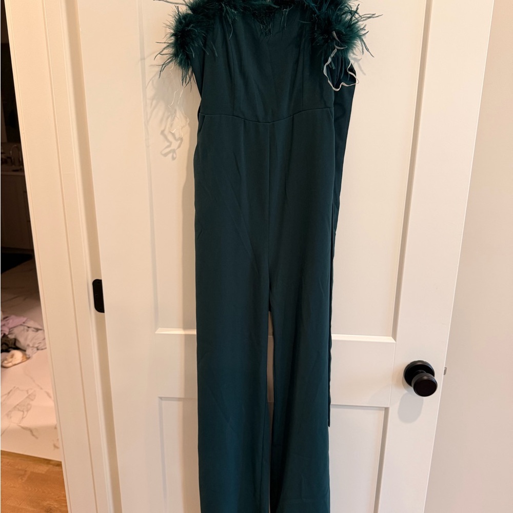 entro Teal Feather-Trim Sleeveless Jumpsuit
